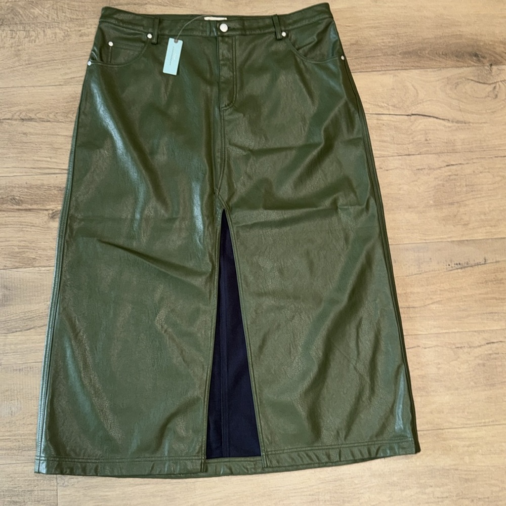 NWT Anthropologie Pilcro Olive Green Faux Leather Skirt with Front Slit 18W Plus